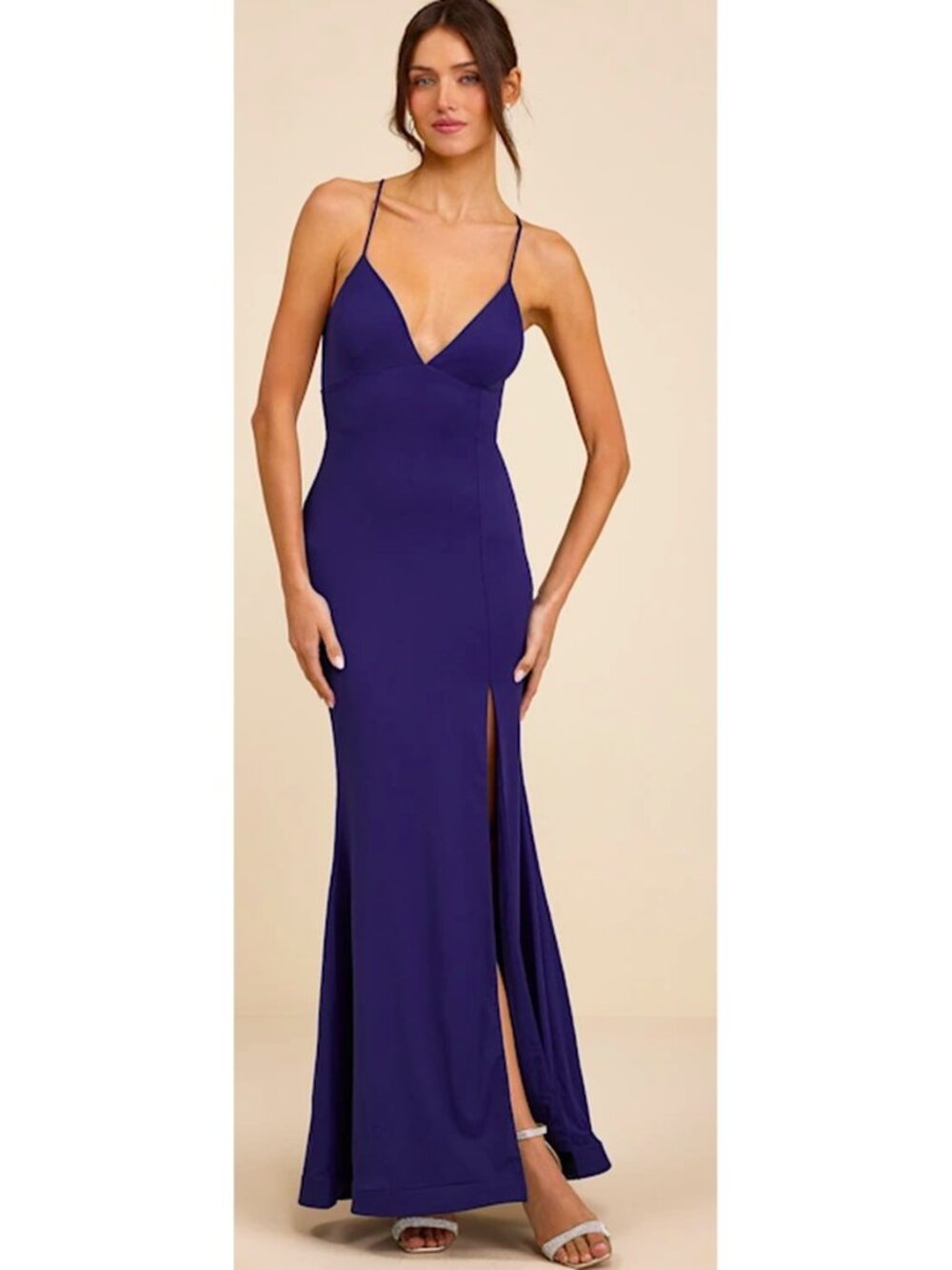 Ronelle Dark Blue Slinky Knit Lace-Up Maxi Dress